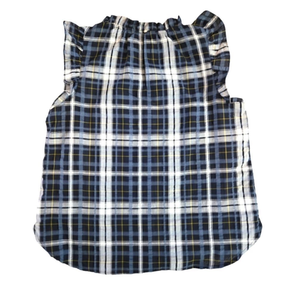 EC LOFT OUTLET PLAID WITH RUFFLE CAP LENGTH SLEEVE AND NECK TOP SZ.M